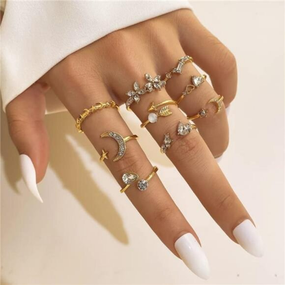Gold stackable moon star rings set boho dainty knuckle midi stacking jewelry pac - Picture 3 of 8